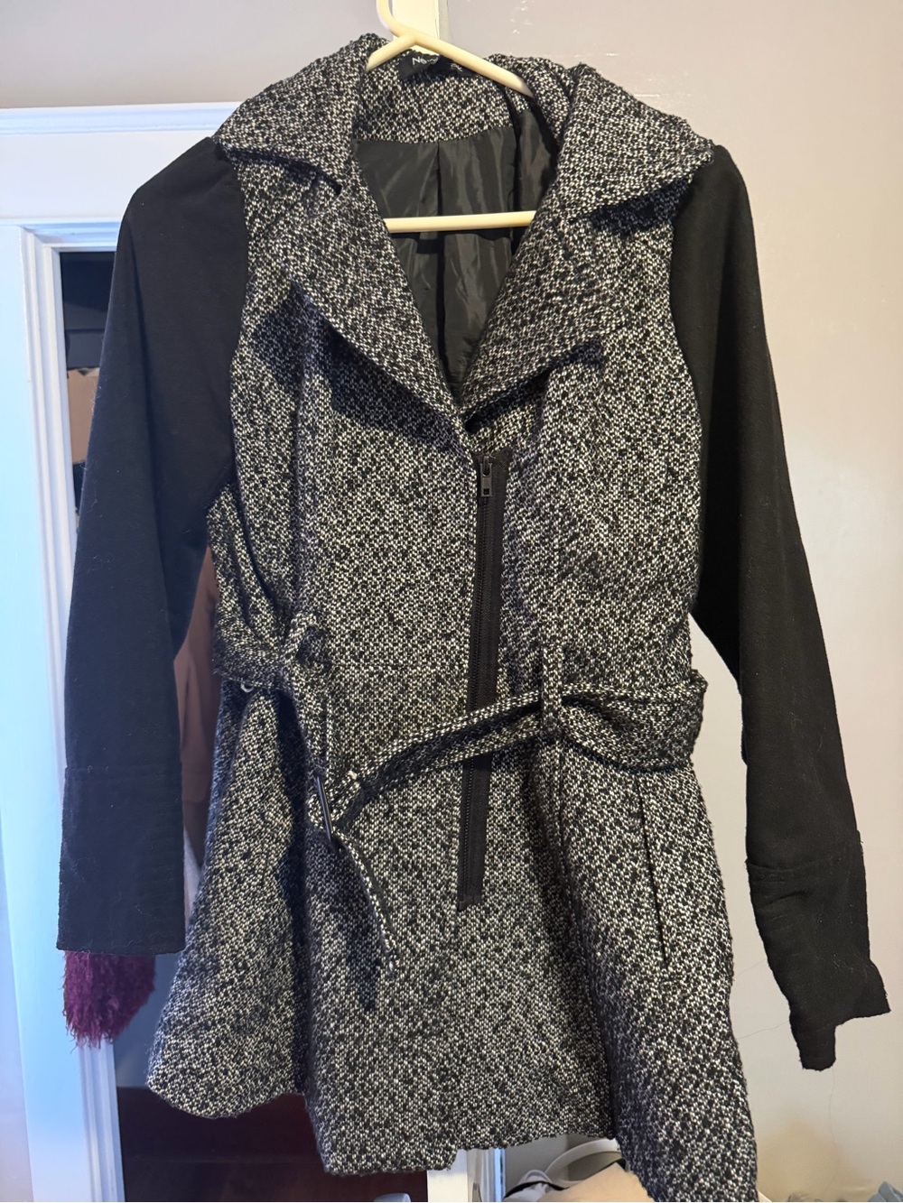 New Look Black and Gray Tweed Hooded Trench Coat